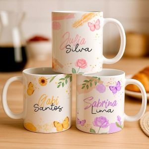 Caneca Personalizada com Nome - Flores e Borboletas