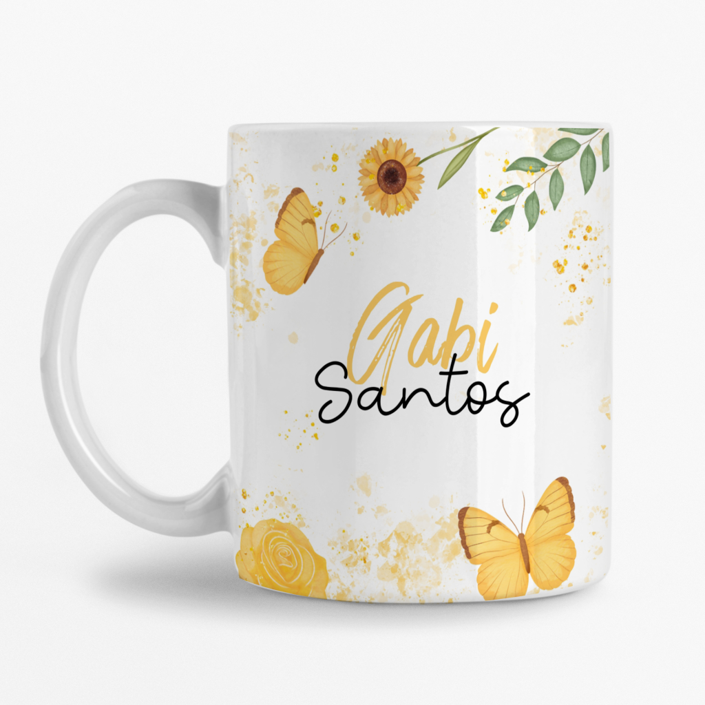 Caneca Personalizada com Nome - Flores e Borboletas