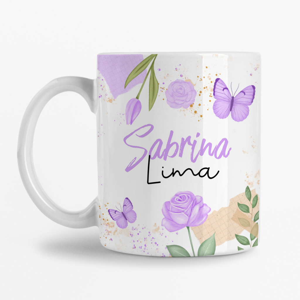 Caneca Personalizada com Nome - Flores e Borboletas