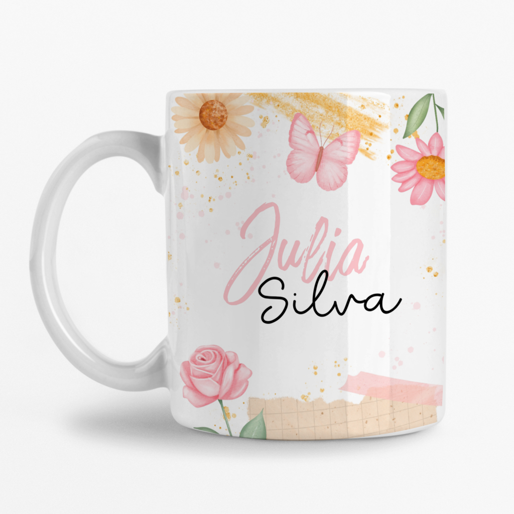 Caneca Personalizada com Nome - Flores e Borboletas